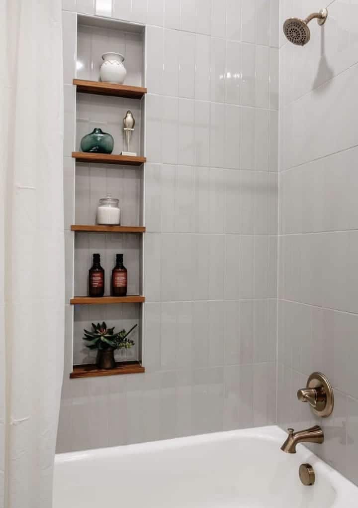 Shower Niche with Wooden Shelves