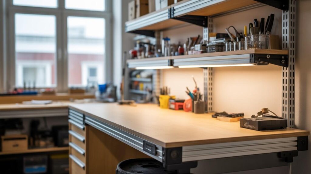 a modular wooden work bench