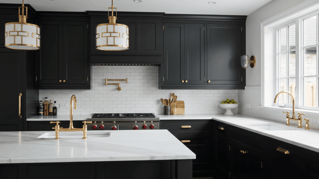 black and brass glam kitchen