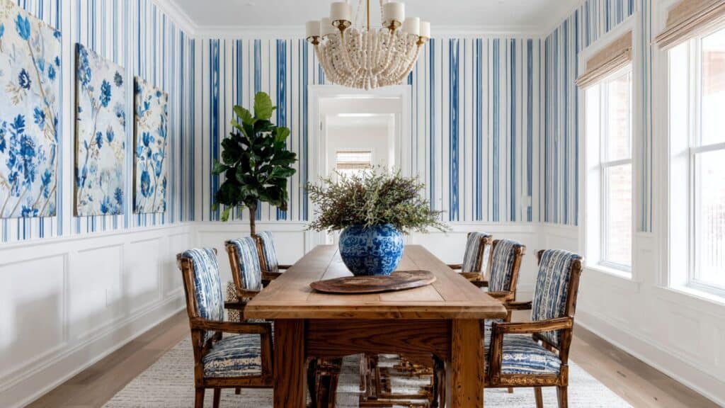 blue and white striped wallpaper