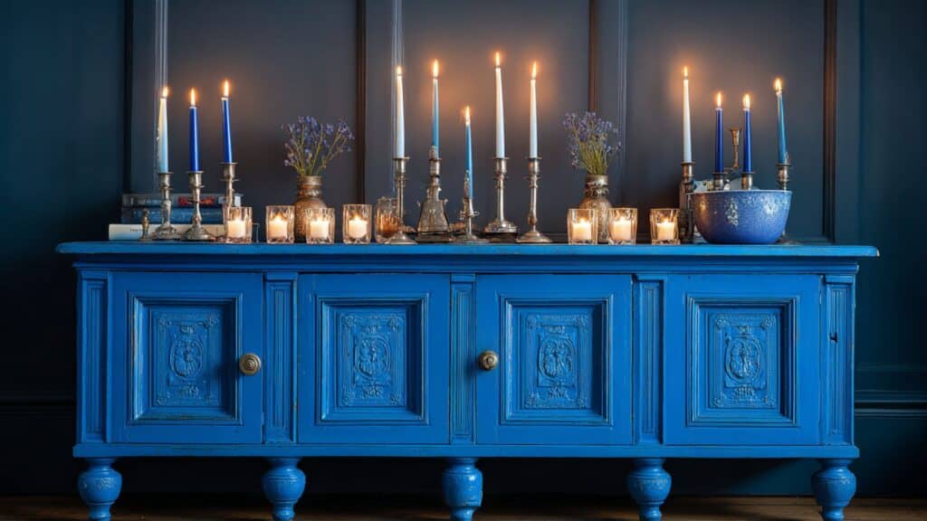 blue candle holders on sideboard