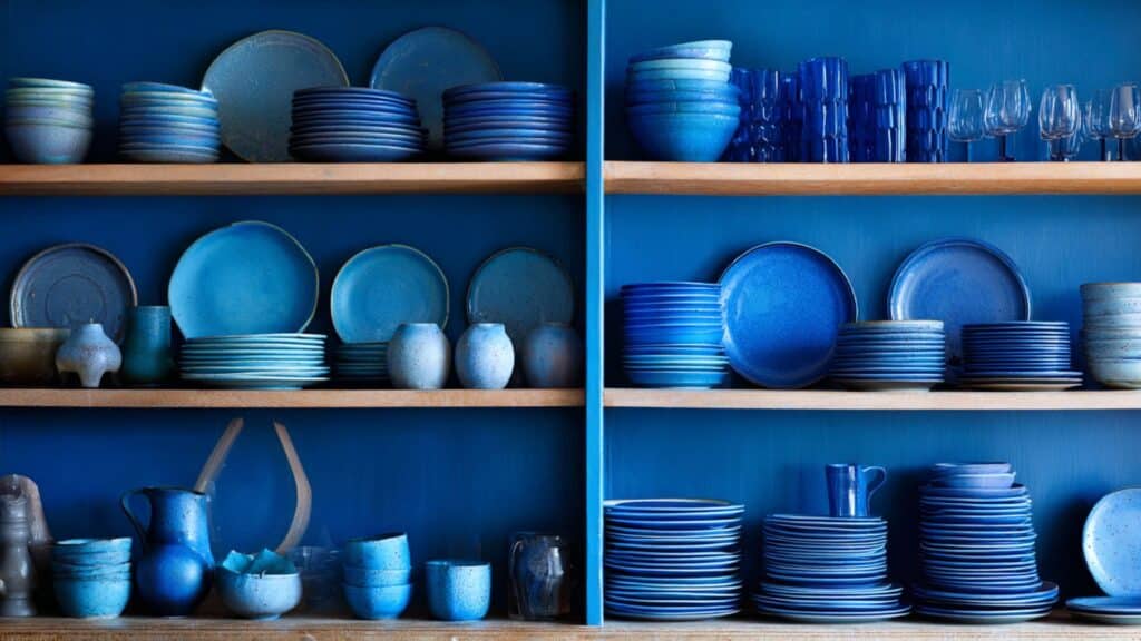 blue ceramic plates on open shelving