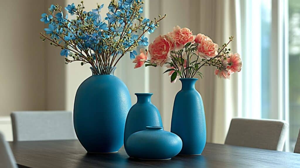 blue ceramic vases as centerpieces