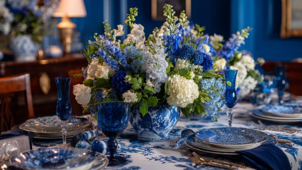 blue floral arrangement with white flowers