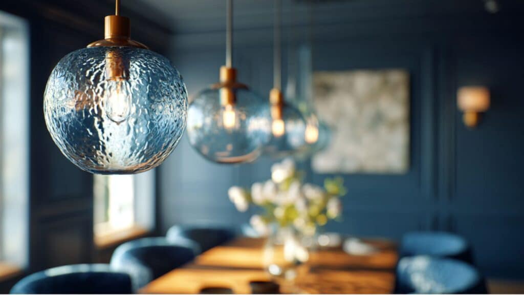 blue glass pendant lights above dining table