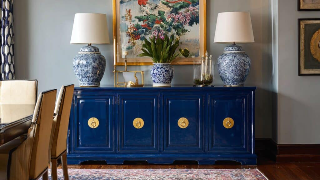 blue lacquered buffet cabinet with gold hardware