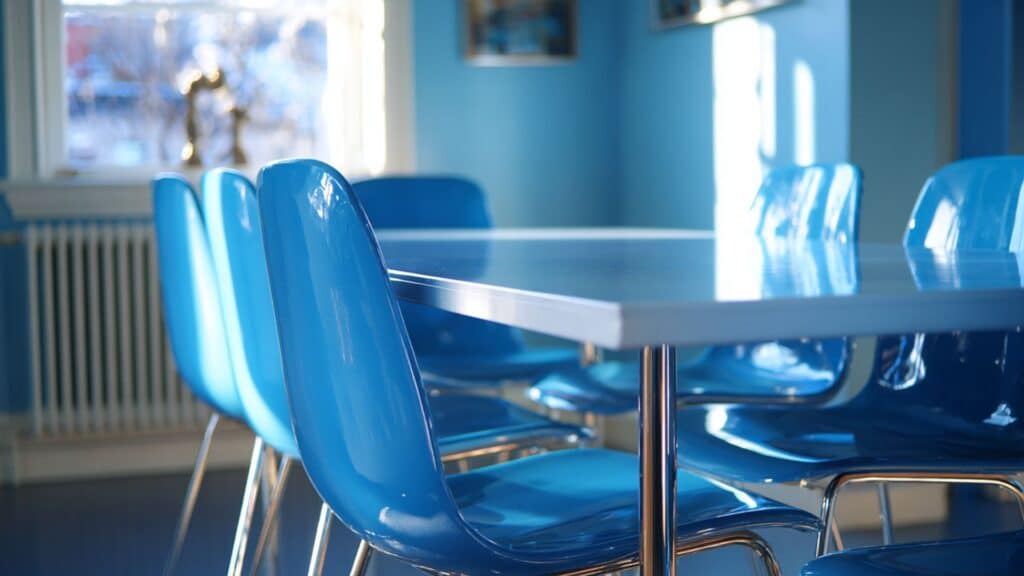 blue lacquered dining chairs with chrome legs