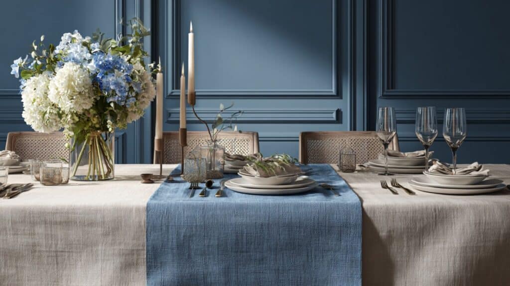 blue linen table runner with silverware