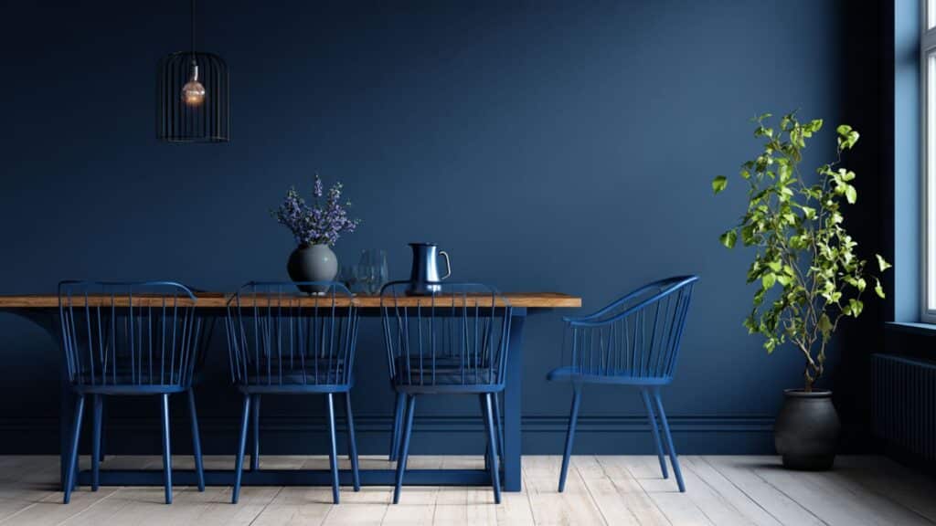 blue metal framed dining table with wooden top