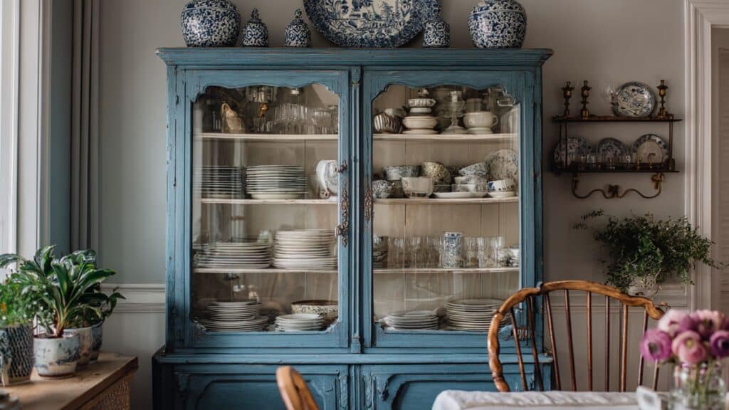 blue painted vintage china cabinet with glass doors