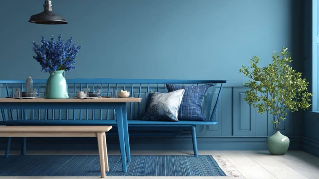 blue painted wooden dining bench