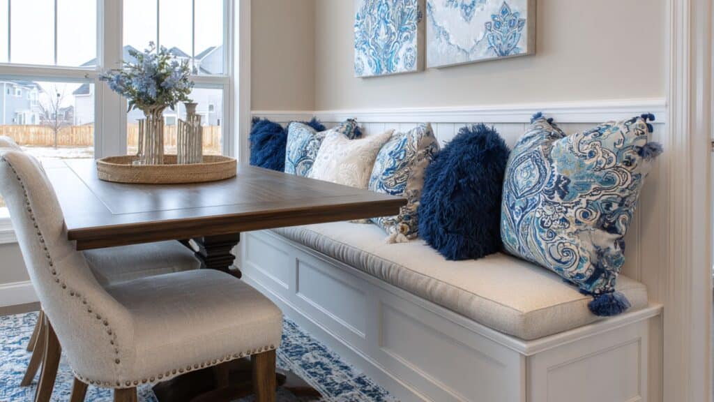 blue patterned throw pillows on dining bench