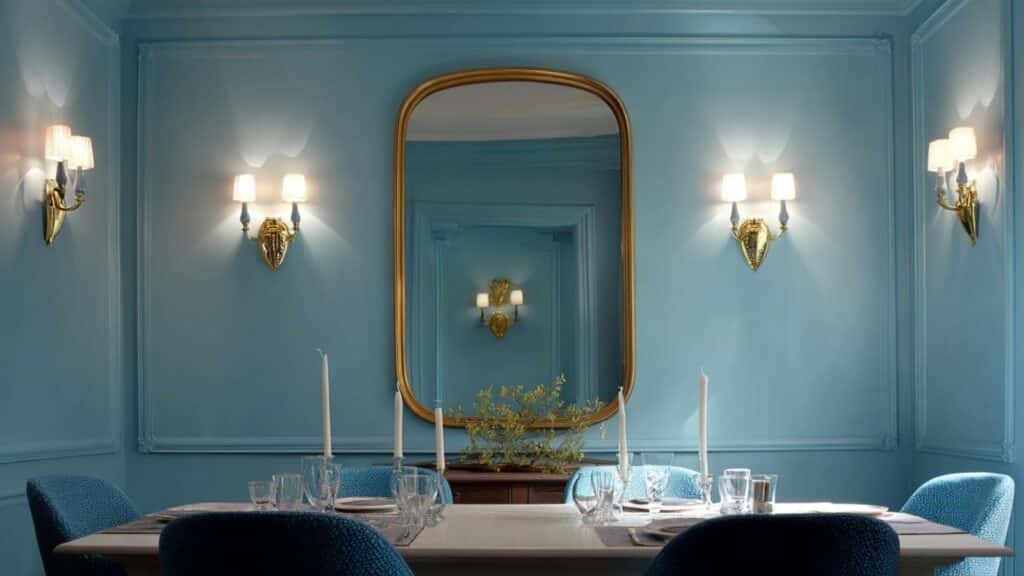 blue sconce wall lights flanking dining mirror