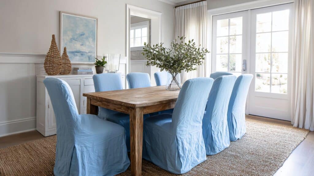 blue slipcovered dining chairs for easy cleaning