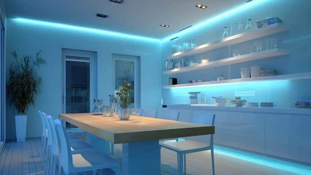 blue tinted led strip lighting under cabinets