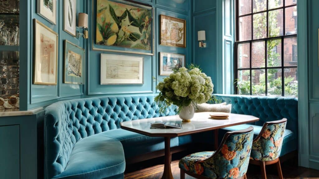 blue tufted banquette seating