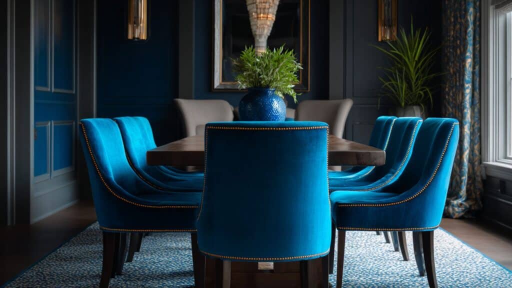blue velvet upholstered dining chairs