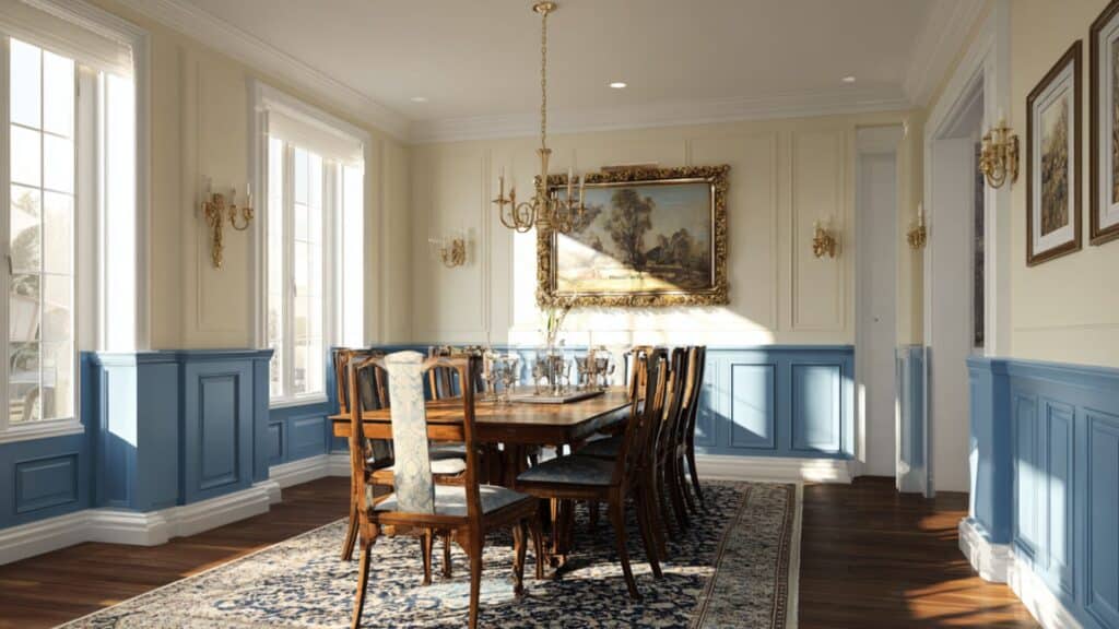 blue wainscoting panels with cream paint above