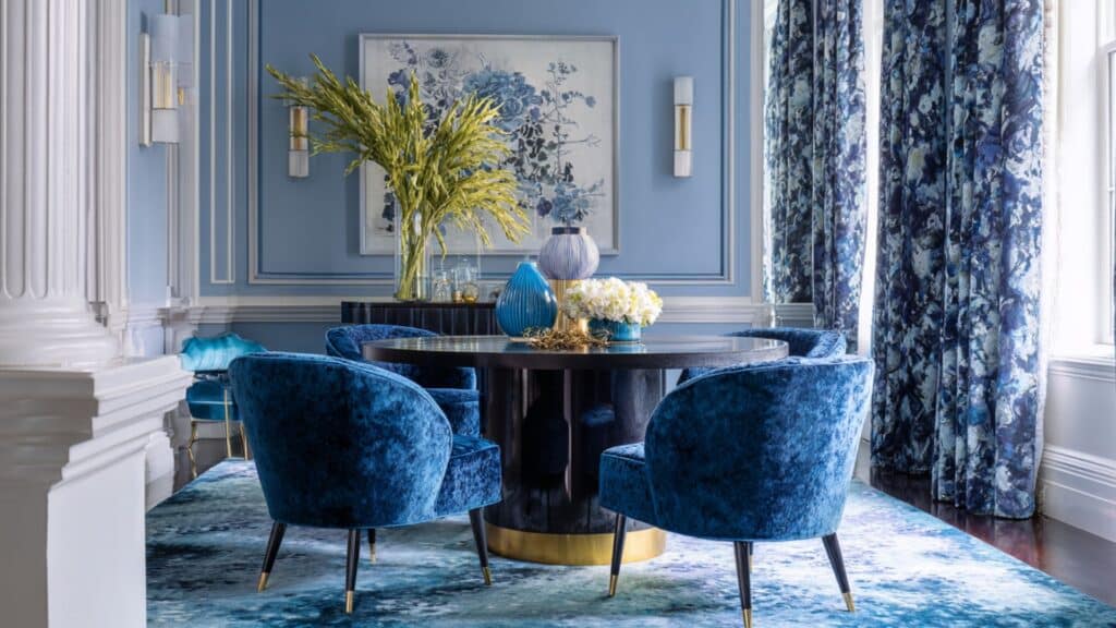 curved blue velvet dining armchairs
