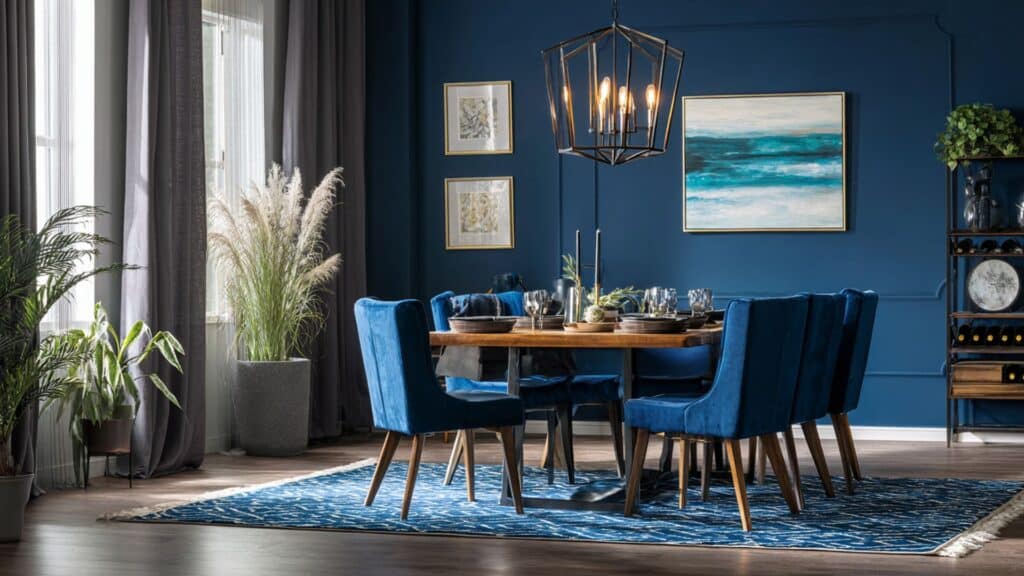 deep navy blue accent wall behind dining set