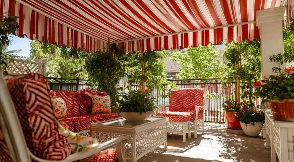 fabric awnings with bold colors or pattern