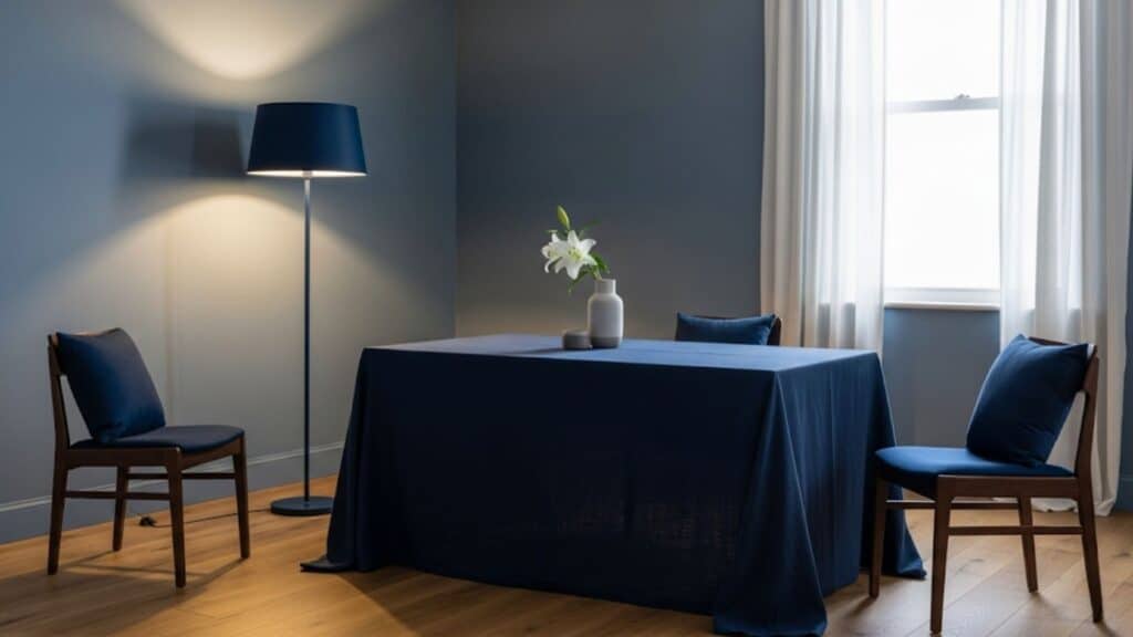 navy blue floor lamp in corner