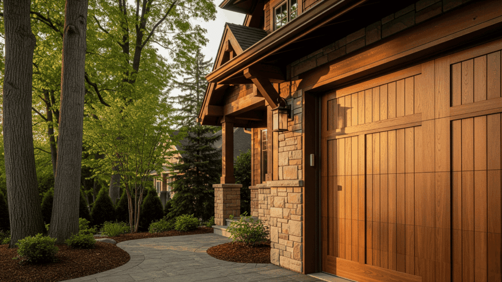 rustic wood stain garage door color idea