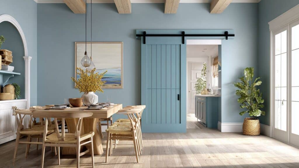 sliding barn door painted blue for pantry entrance
