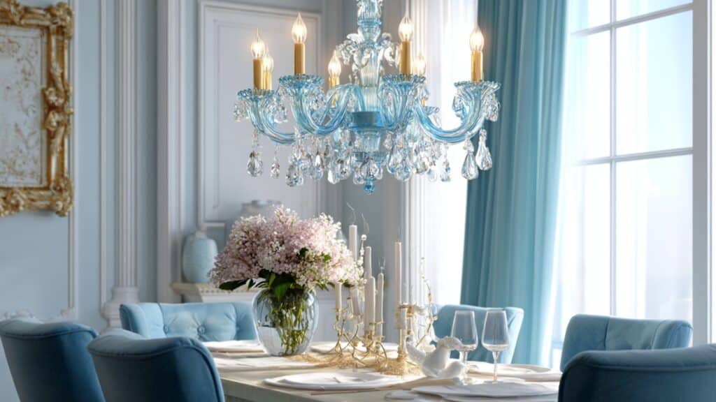 soft blue chandelier with crystal accents