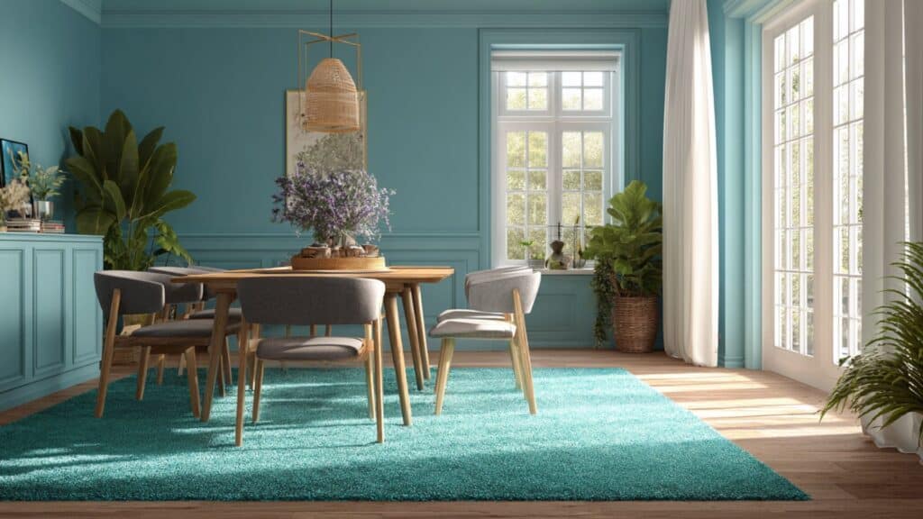 turquoise blue area rug under the table