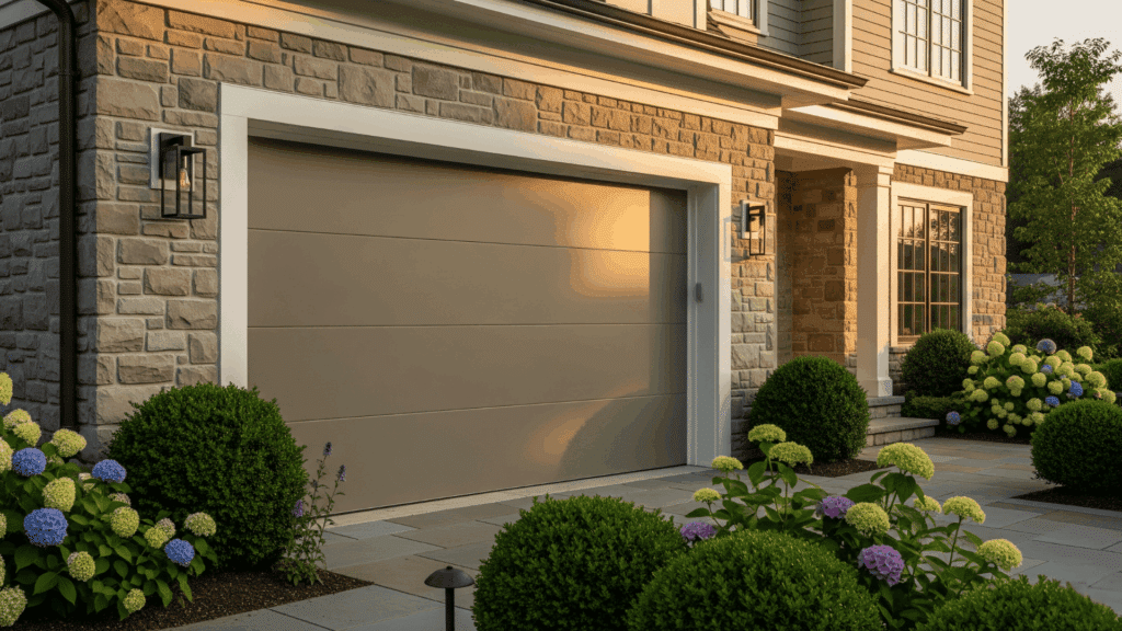 warm taupe garage door color idea