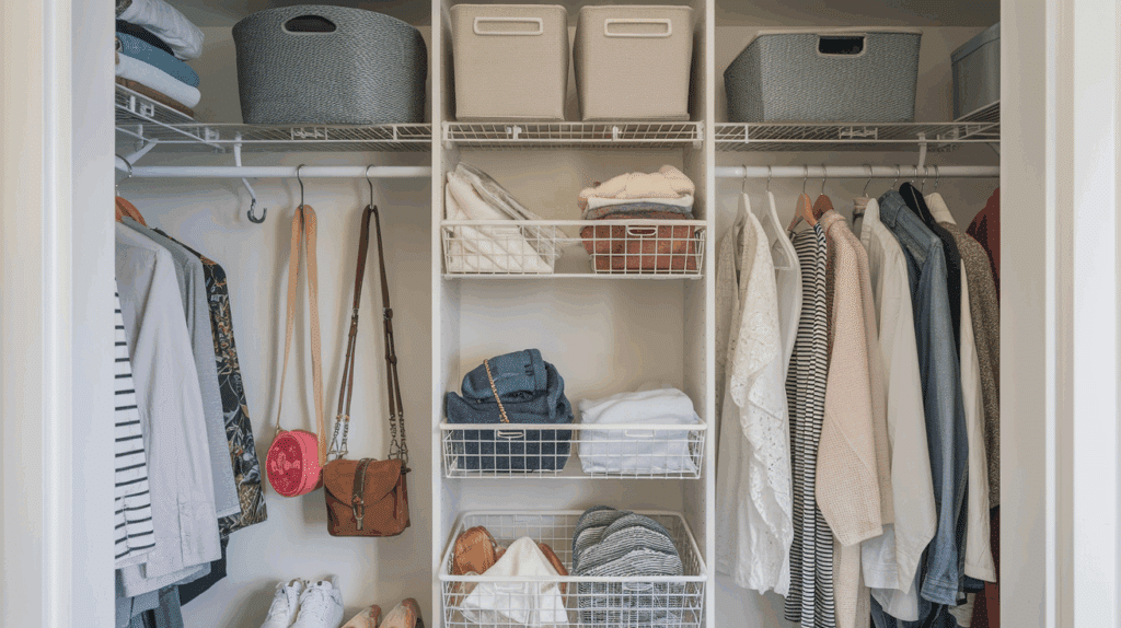 Baskets and Hooks Reach-in Closet