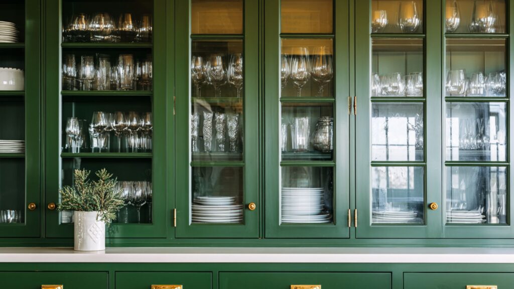 Dark Green Cabinets with Glass Doors for Display