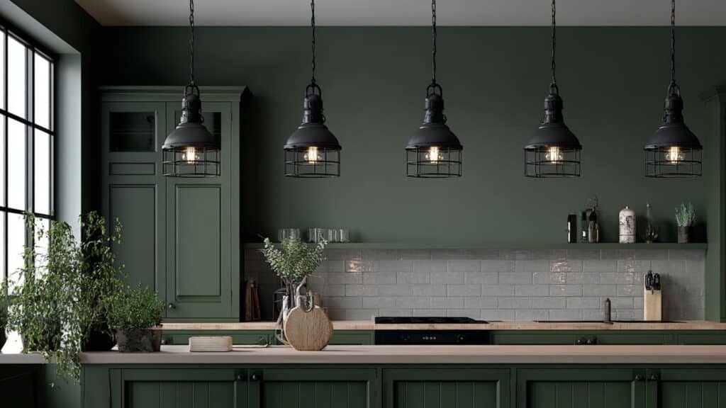 Dark Green with Industrial-Style Black Lighting Fixtures