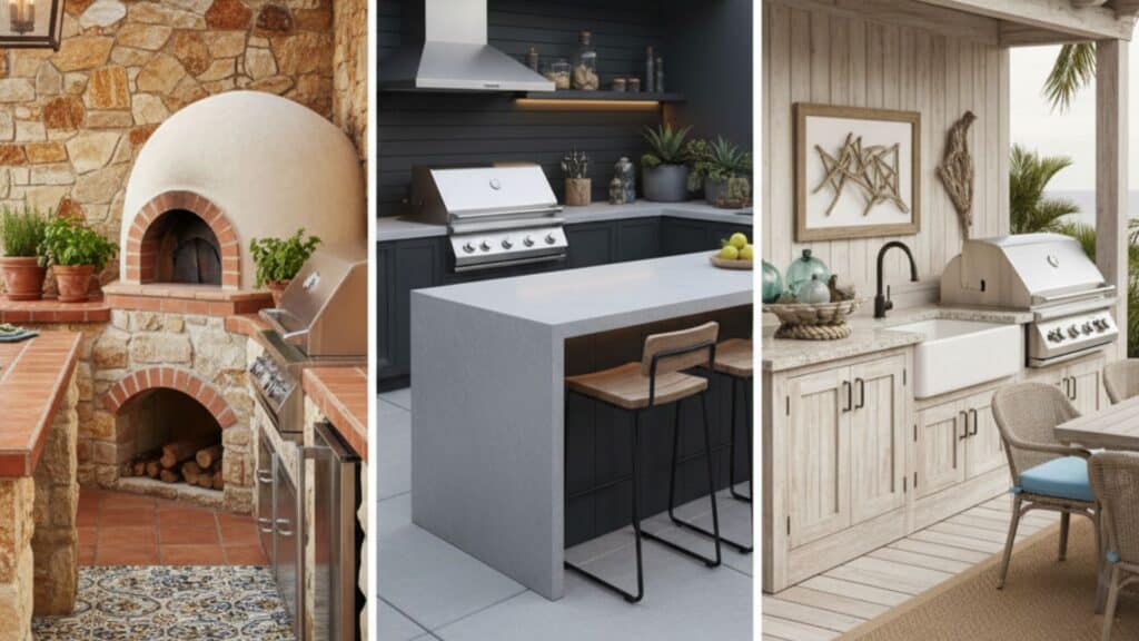 different design styles of outdoor kitchen or dining area