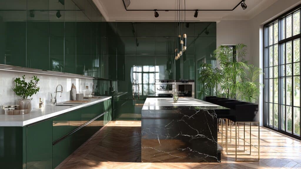Glossy Dark Green Kitchen Cabinets to Reflect More Light