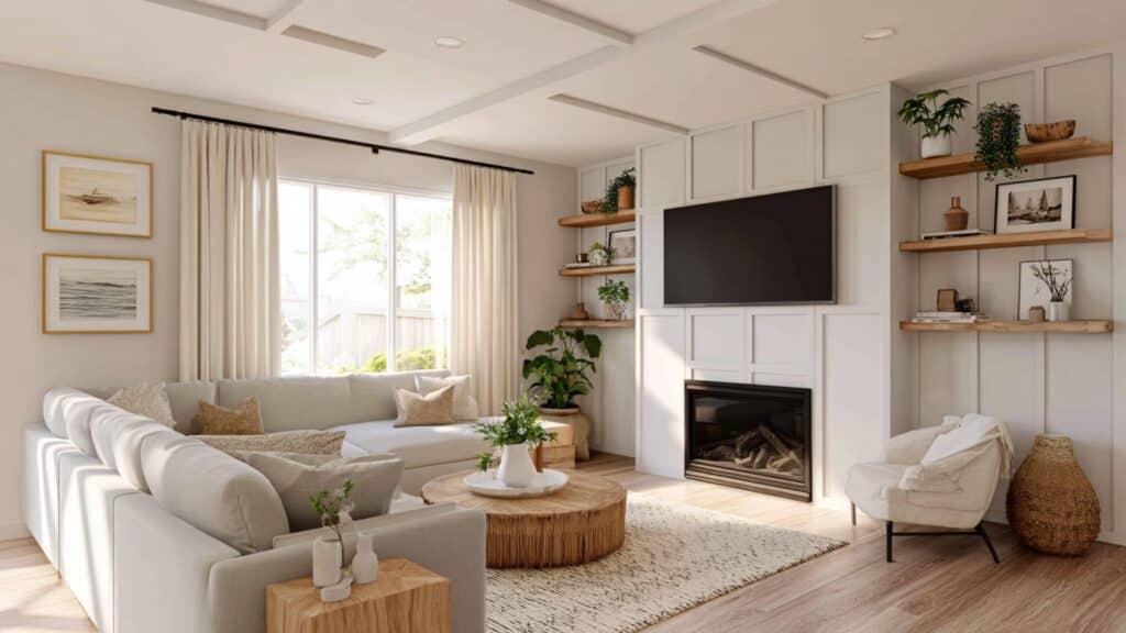 living room with board and batten wall