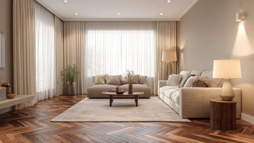 living room with herringbone
