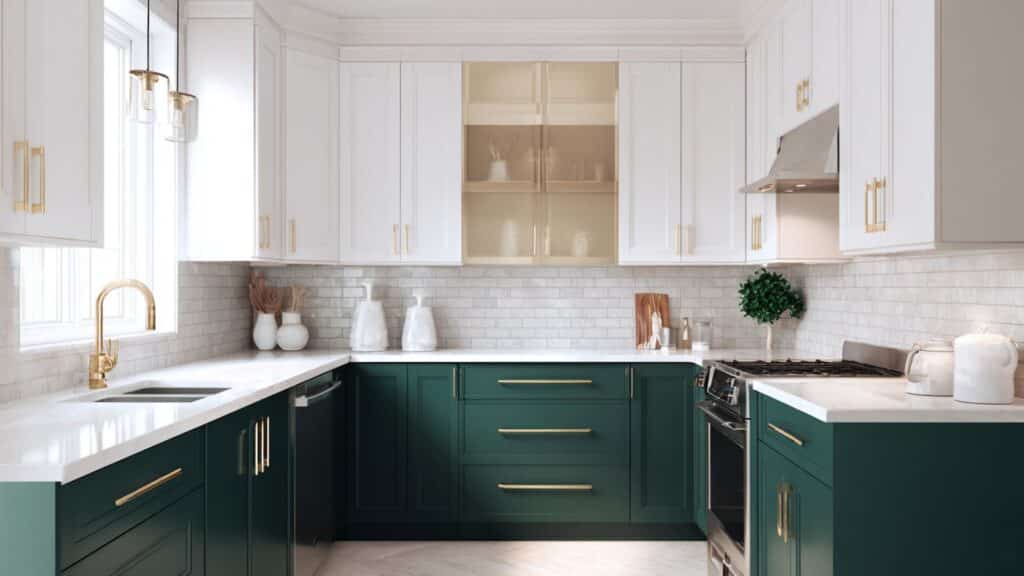 Two-Tone Design: Dark Green Lower Cabinets with White Uppers