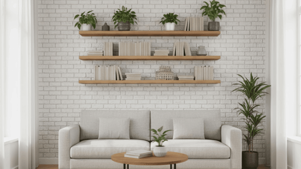 5 living room feature wall with floating shelves