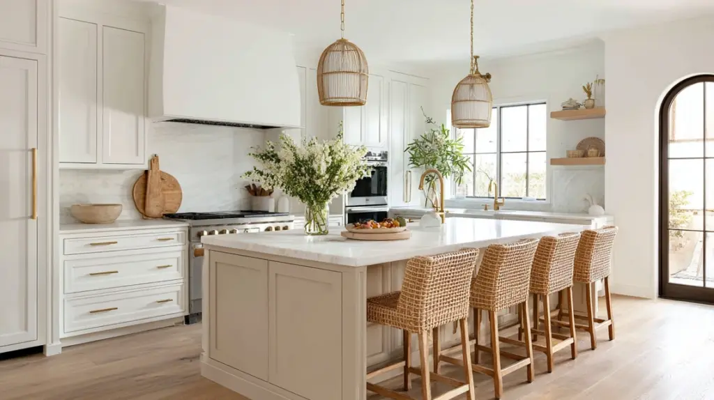 beige island in a ehite kitchen