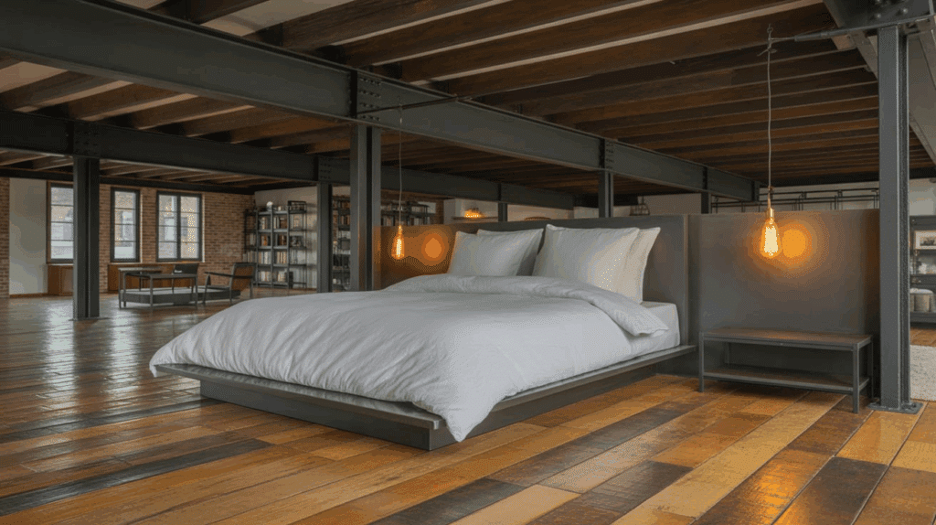 exposed beam bedroom