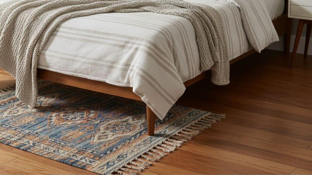 partial rug at foot of bed