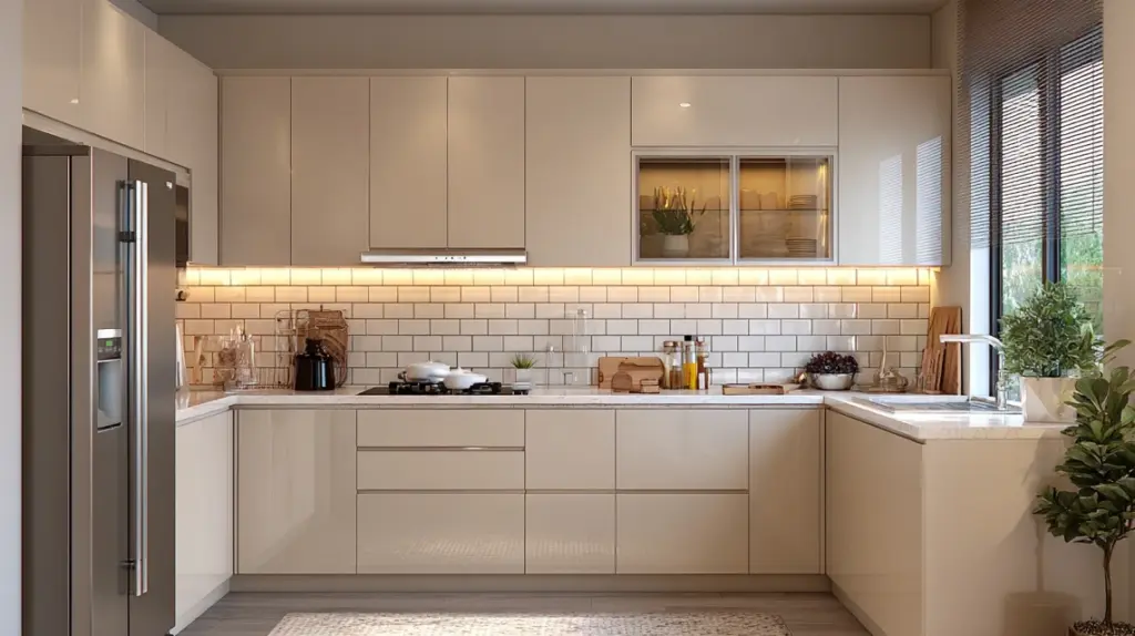 small kitchen with beige cabinets