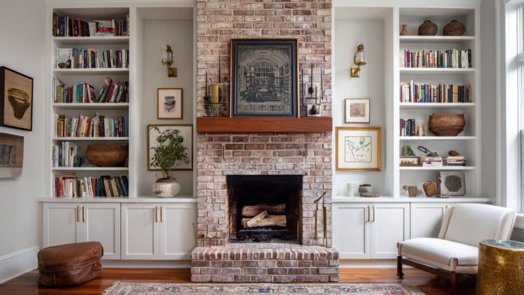 built in bookshelves flanking fireplace