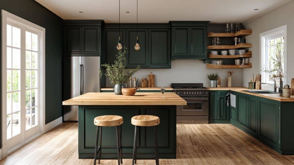 dark green paired with natural oak countertops