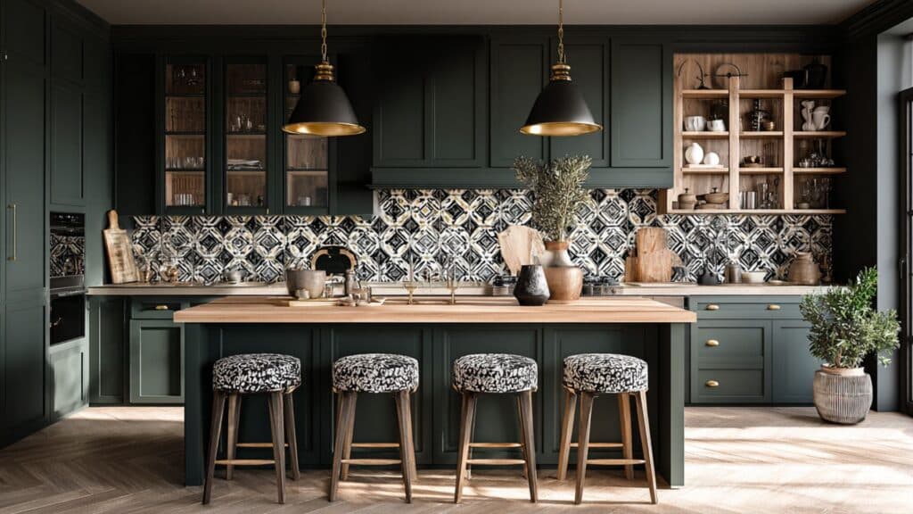 dark green paired with patterned tile backsplash