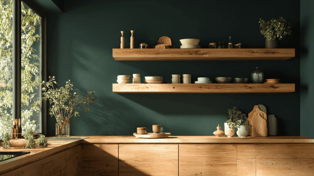 dark green with open wood shelving for balance
