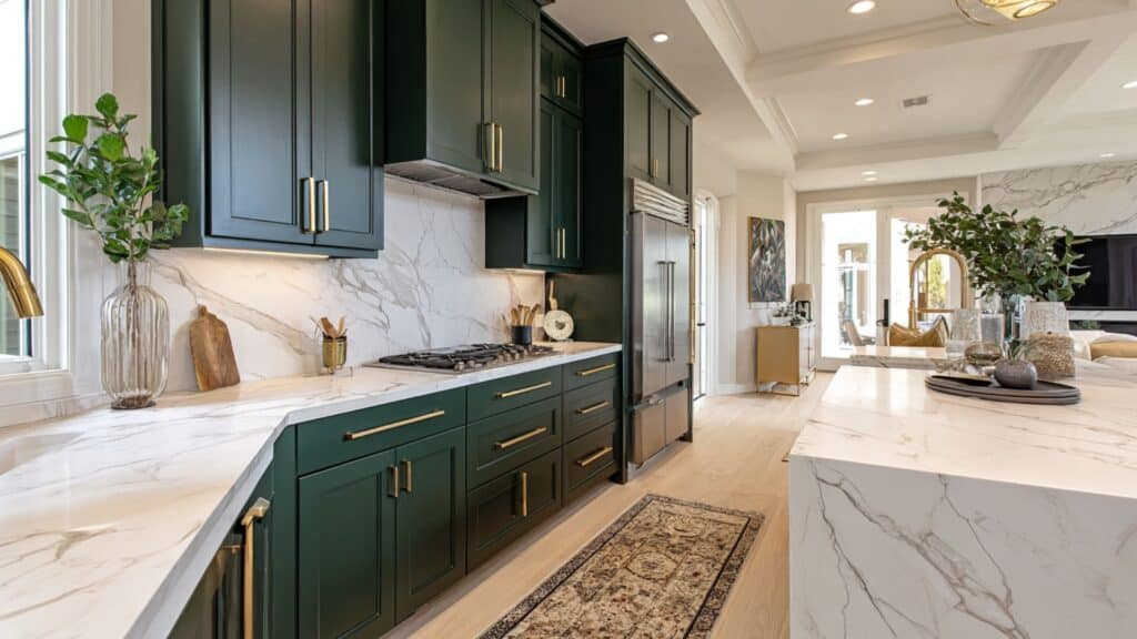 dark green with white marble countertops