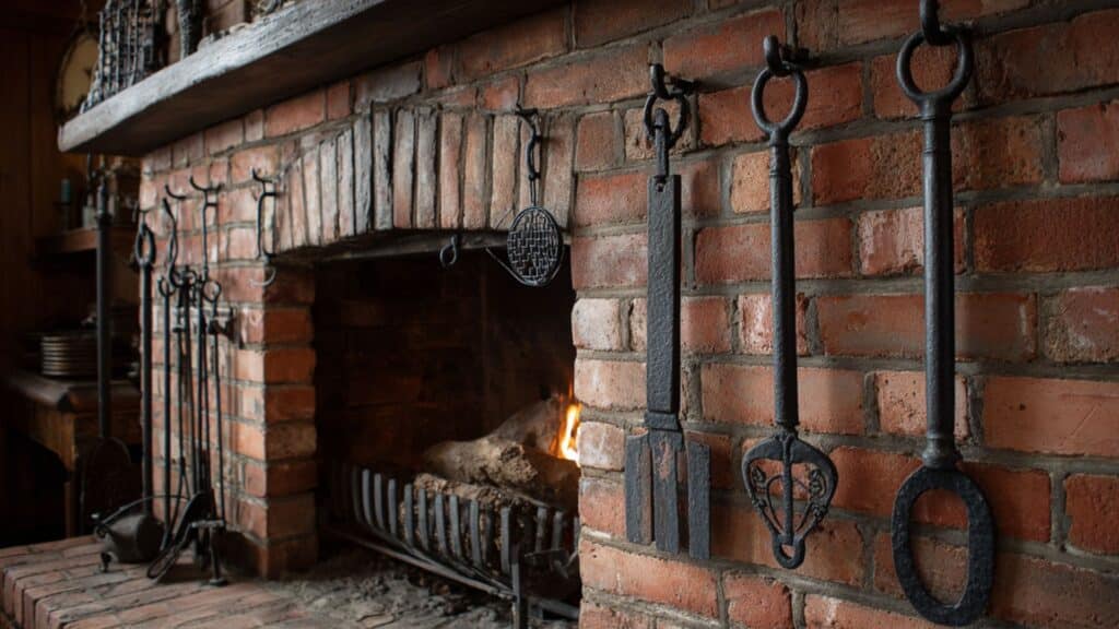 vintage fireplace tool display on brick